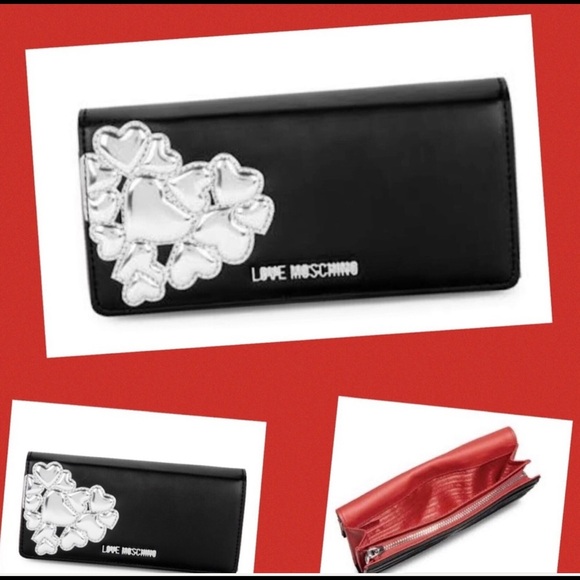 🆕 Love Moschino Authentic Metallic Hearts Wallet Black And Silver NWT - Picture 6 of 15